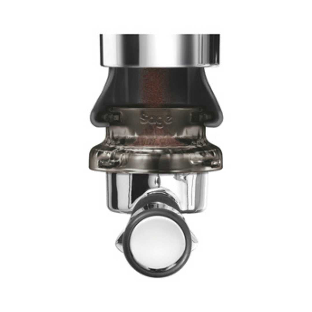 Coffee brewing device with metallic finish on a white background